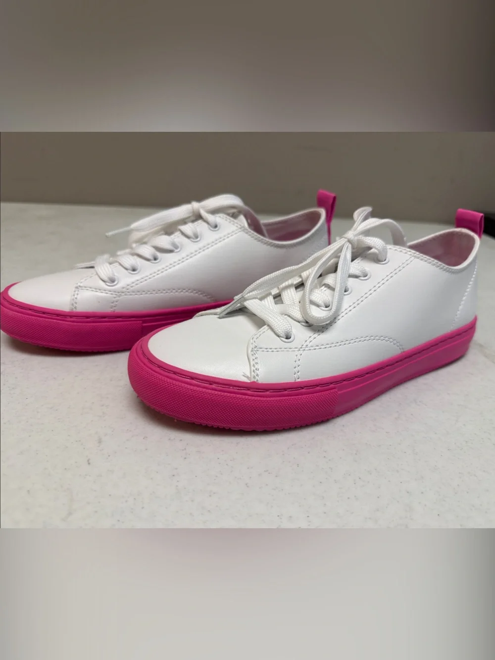 Marc Fisher White and Pink Women's Leather Lace-Up Sneakers